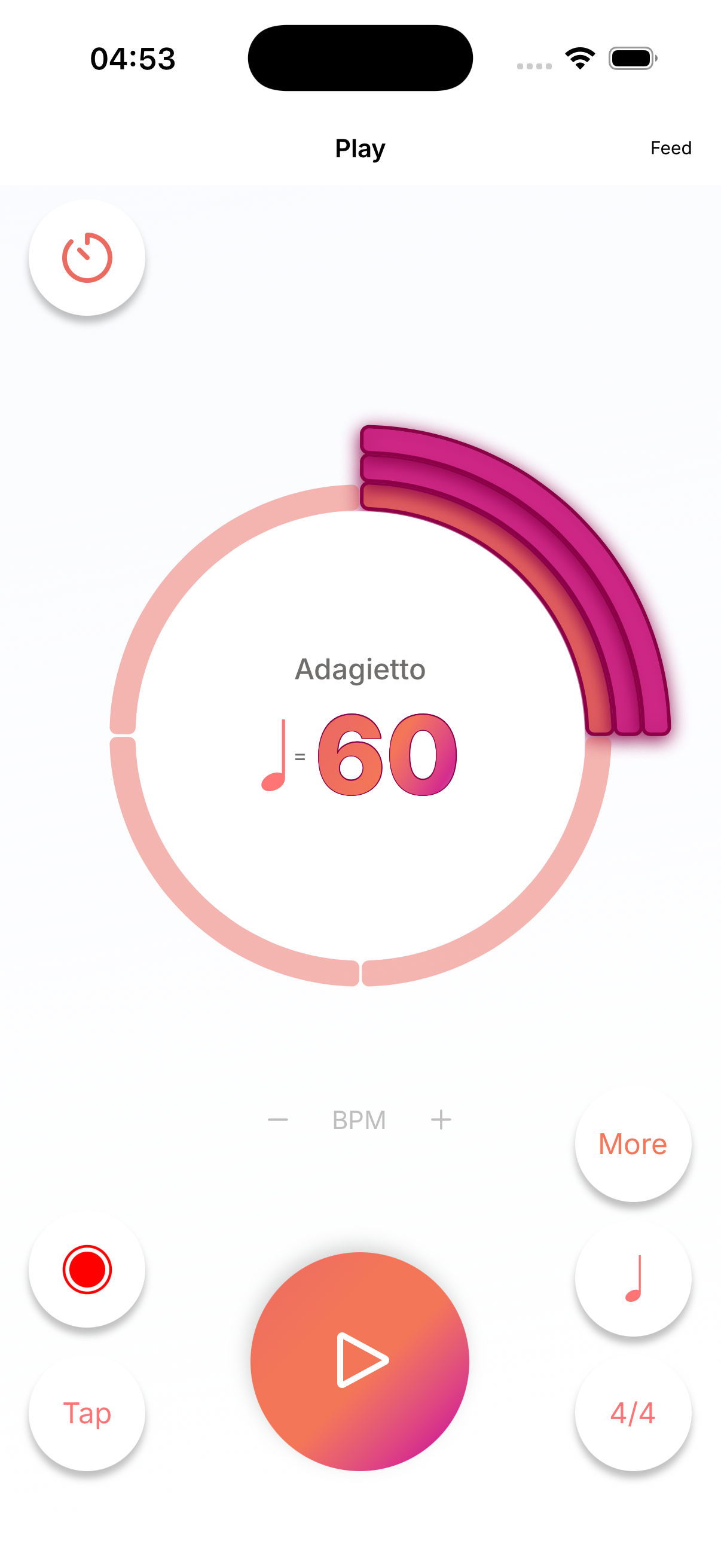 Bravura metronome screen showing the gradient tempo dial at 60 BPM