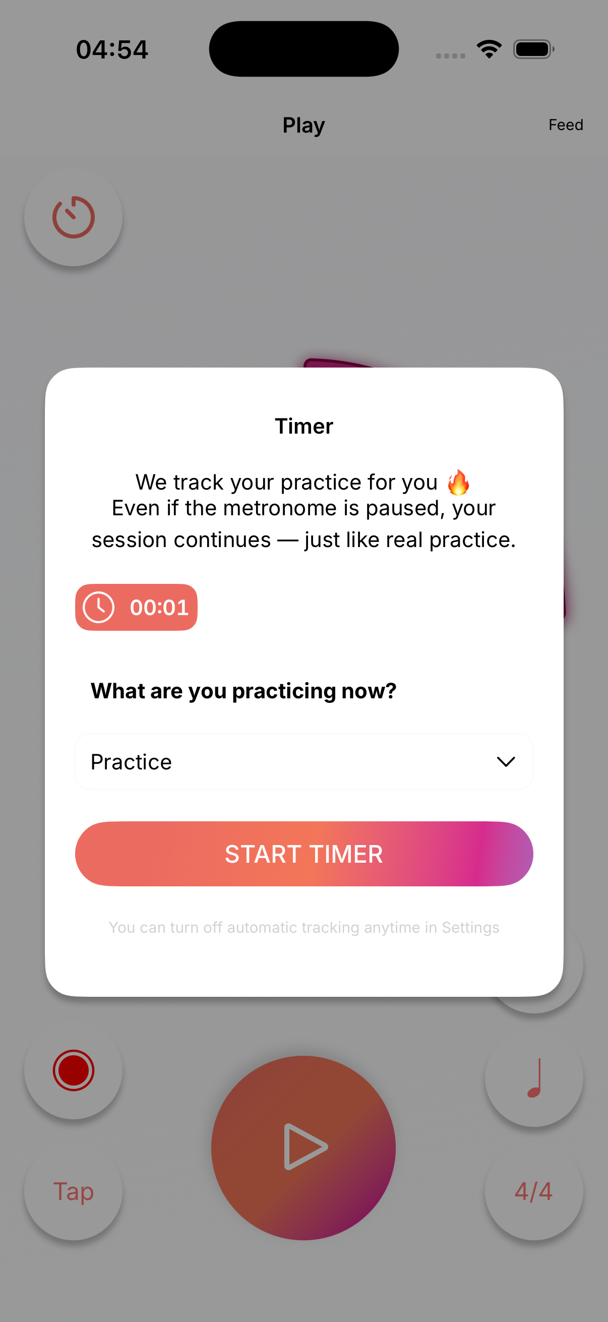 Bravura automatically tracking a practice session with the built-in timer